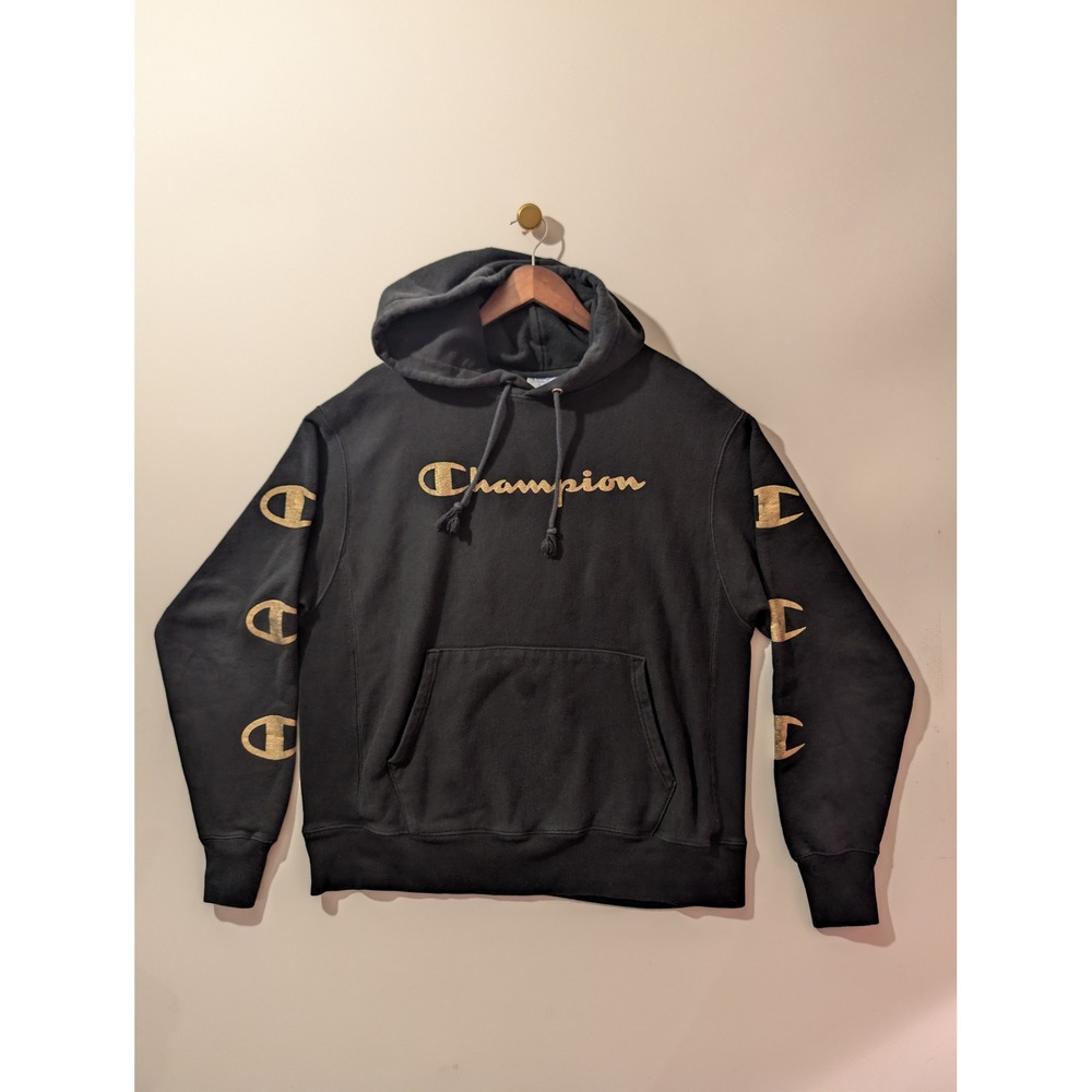 Champion Reverse Weave Hoodie Mens Large Black Gold Logo Sweatshirt Pullover